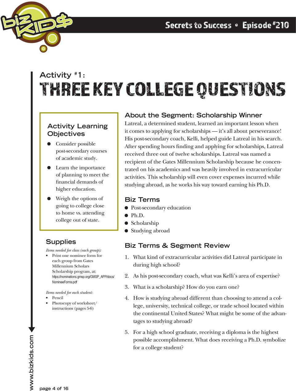 Choosing A College Worksheet Secrets to Success Episode Pdf Free Download