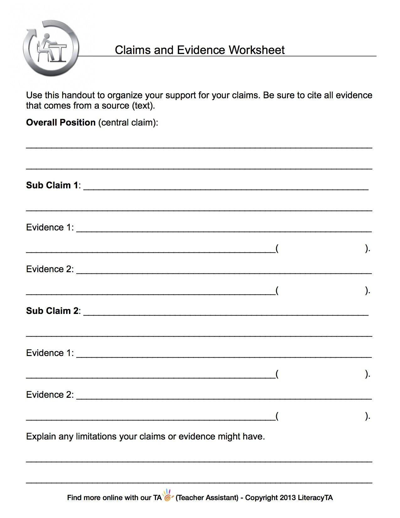 Citing Textual Evidence Worksheet Claims Evidence Worksheet