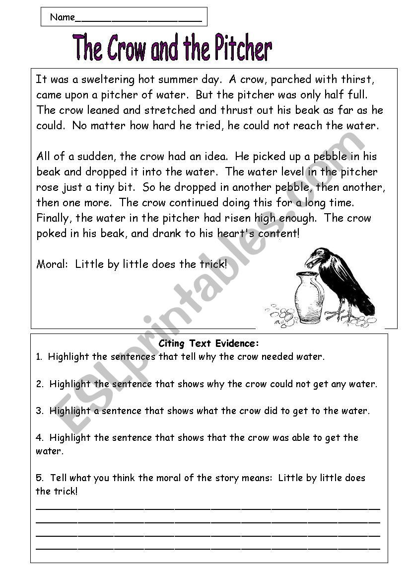 Citing Textual Evidence Worksheet the Crow and the Pitcher A Fable by Aesop Esl Worksheet