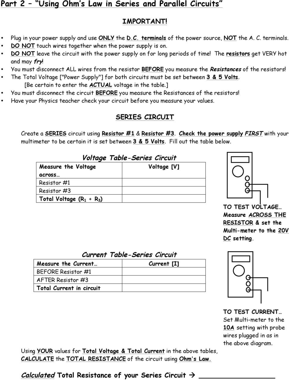 Combination Circuits Worksheet with Answers Current Electricity Lab Series Parallel Circuits Safety and