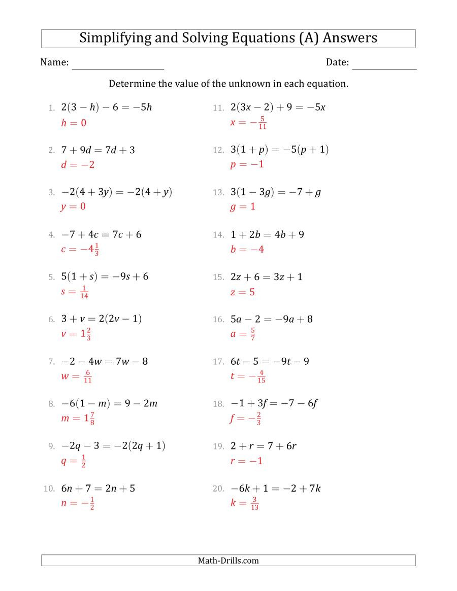 Combining Like Terms Equations Worksheet Bining Like Terms and solving Simple Linear Equations A