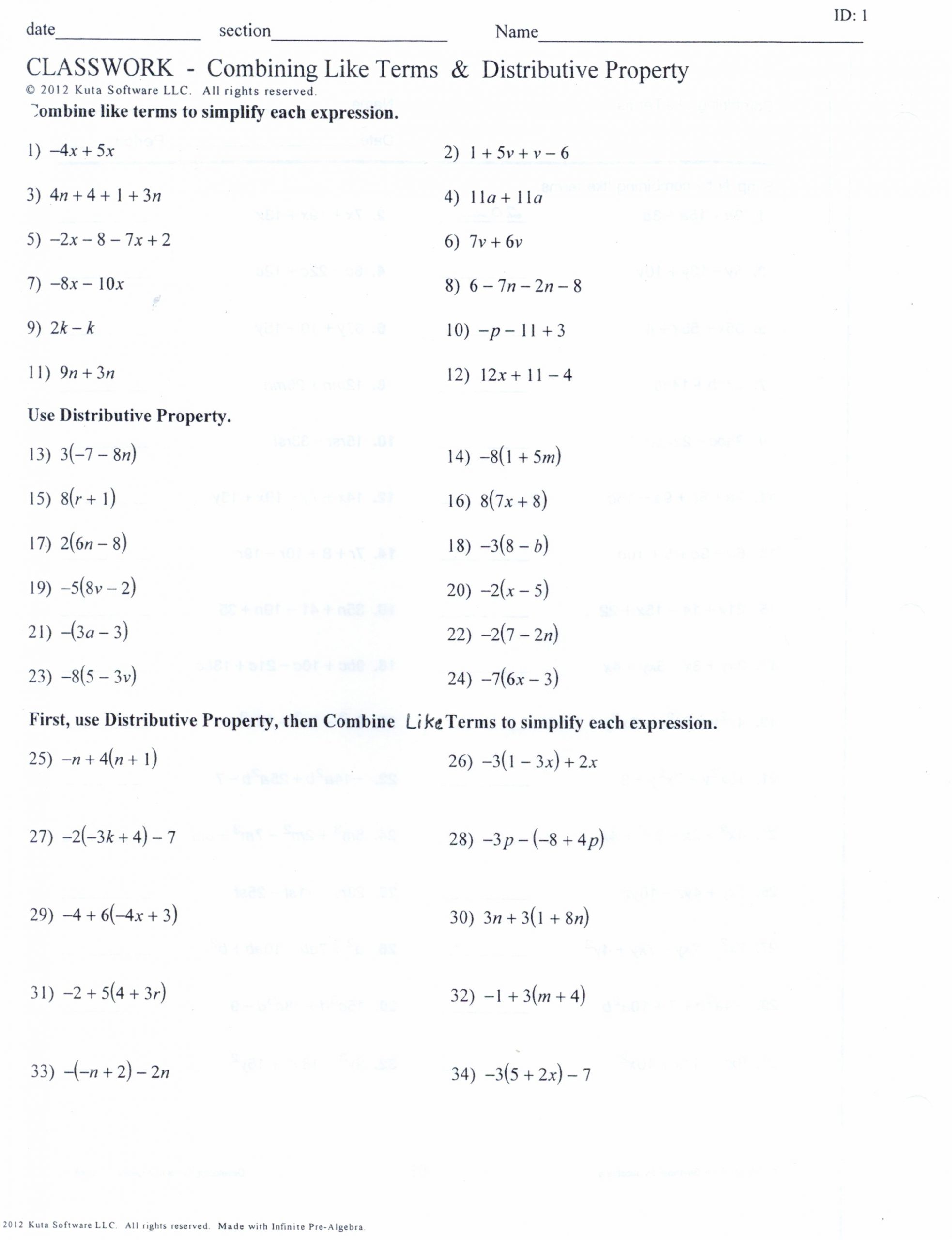 Combining Like Terms Equations Worksheet Distributive Property and Bining Like Terms Equations
