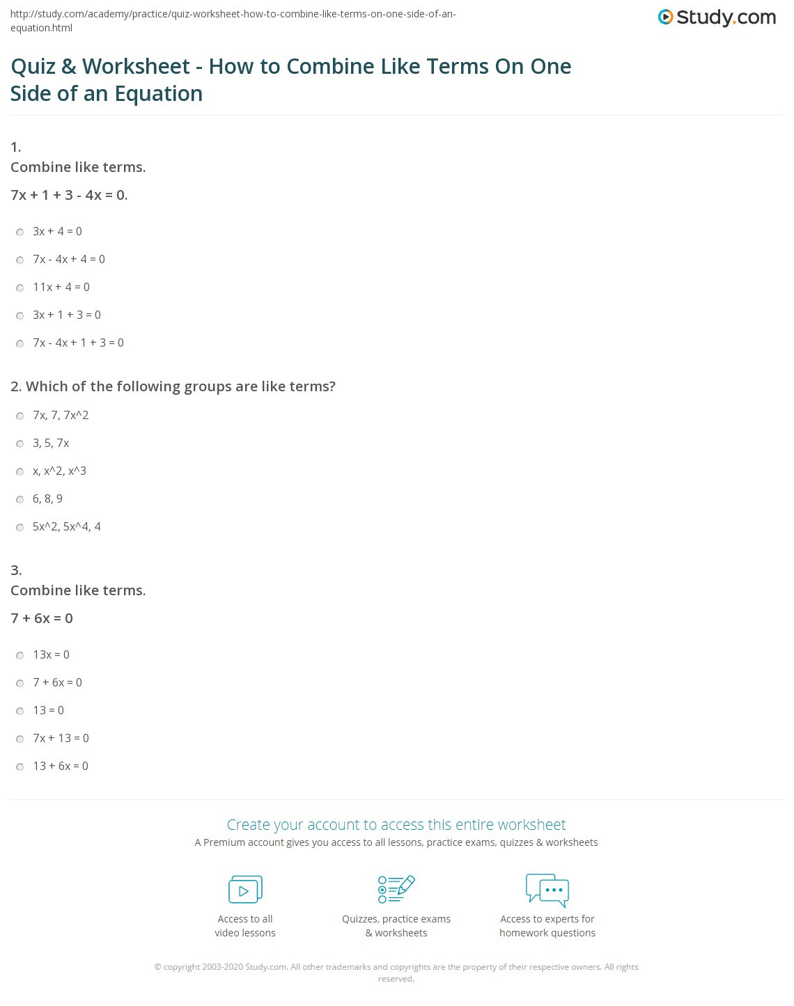 Combining Like Terms Equations Worksheet Quiz &amp; Worksheet How to Bine Like Terms E Side Of