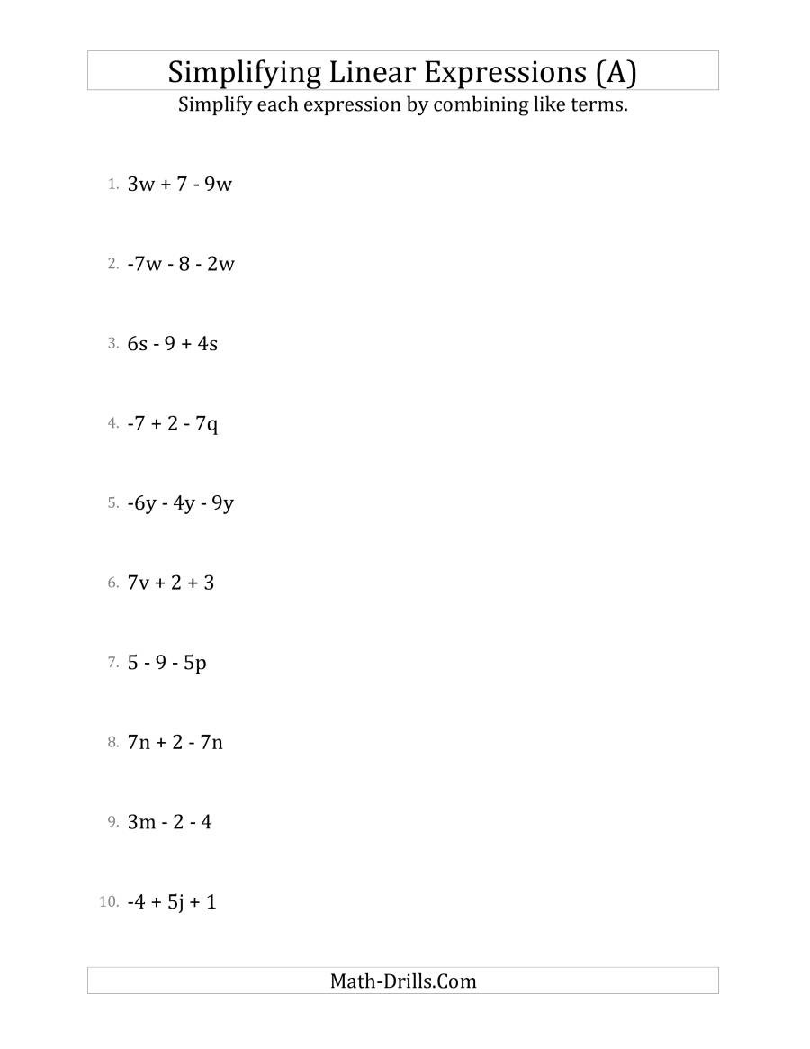 Combining Like Terms Practice Worksheet Simplifying Linear Expressions with 3 Terms A