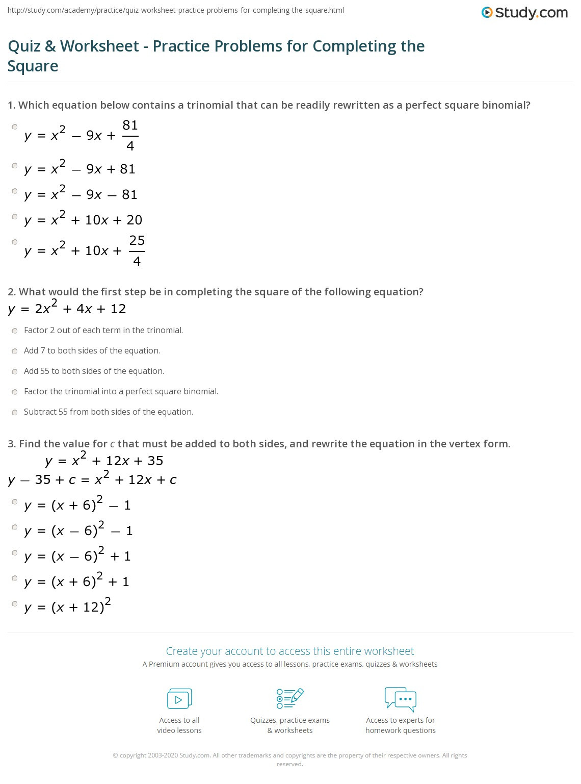 Complete the Square Worksheet Quiz &amp; Worksheet Practice Problems for Pleting the