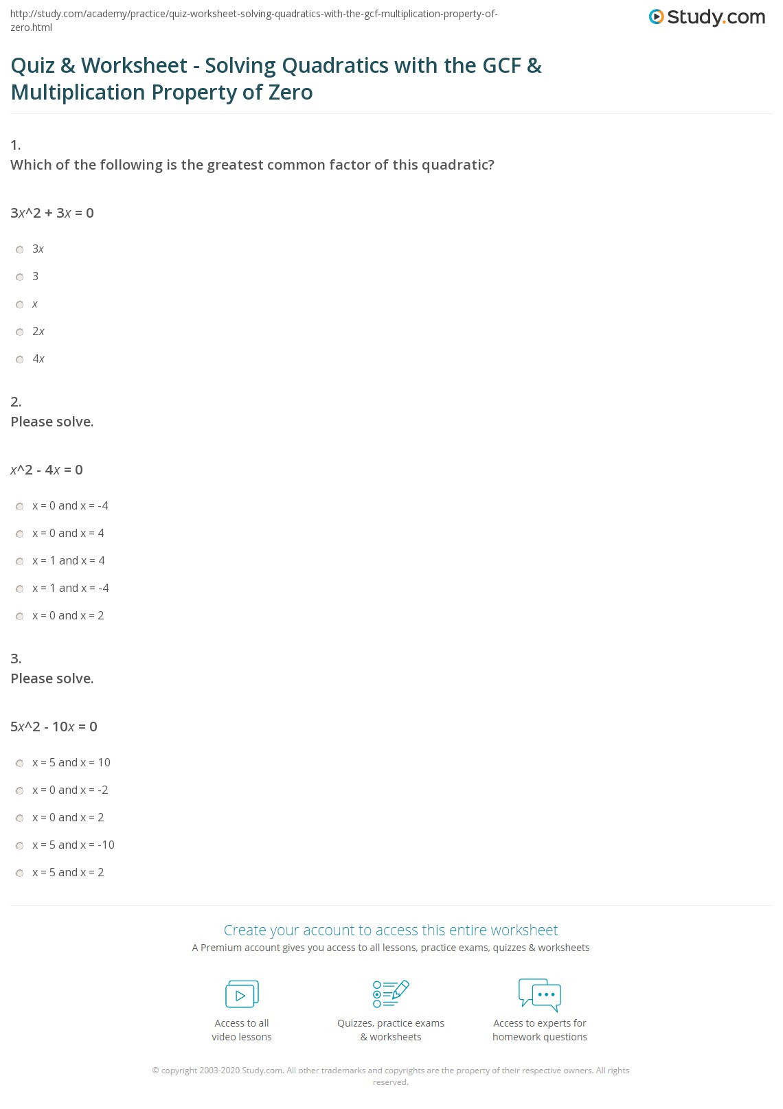 Complete the Square Worksheet Quiz &amp; Worksheet solving Quadratics with the Gcf