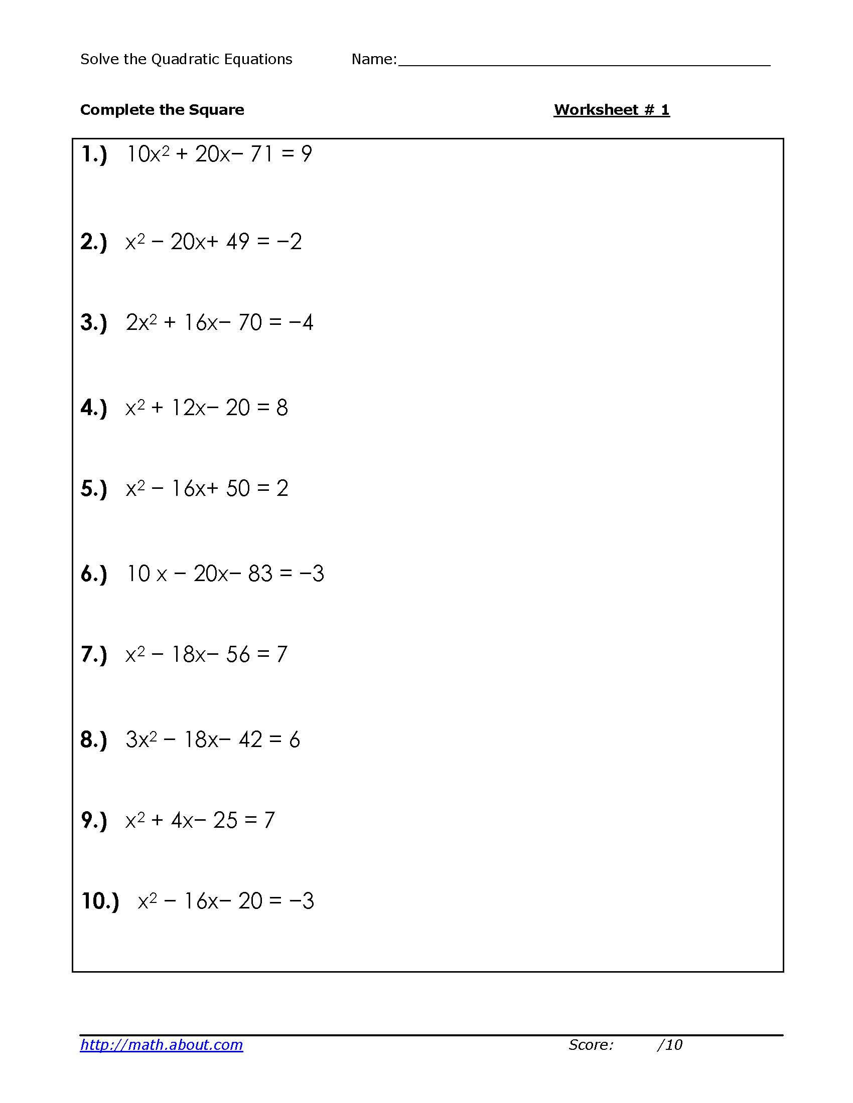Complete the Square Worksheet solve Quadratic Equations by Peting the Square Worksheets