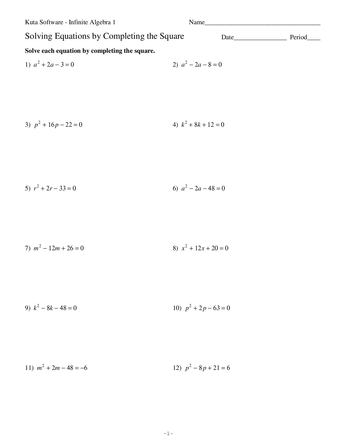 Complete the Square Worksheet solving Pleting Square Practice