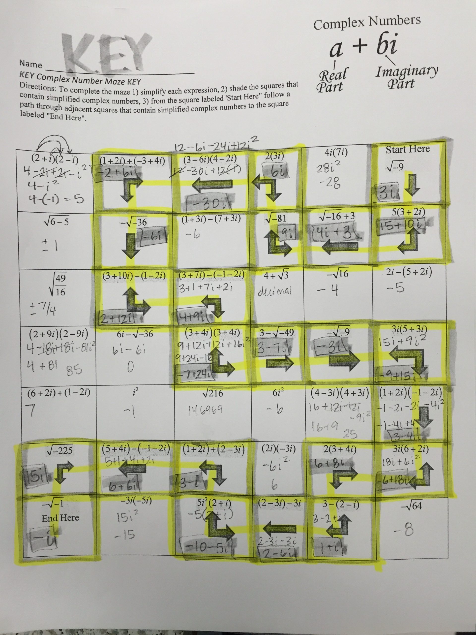 Complex Numbers Worksheet Answers Plex Number Maze Key