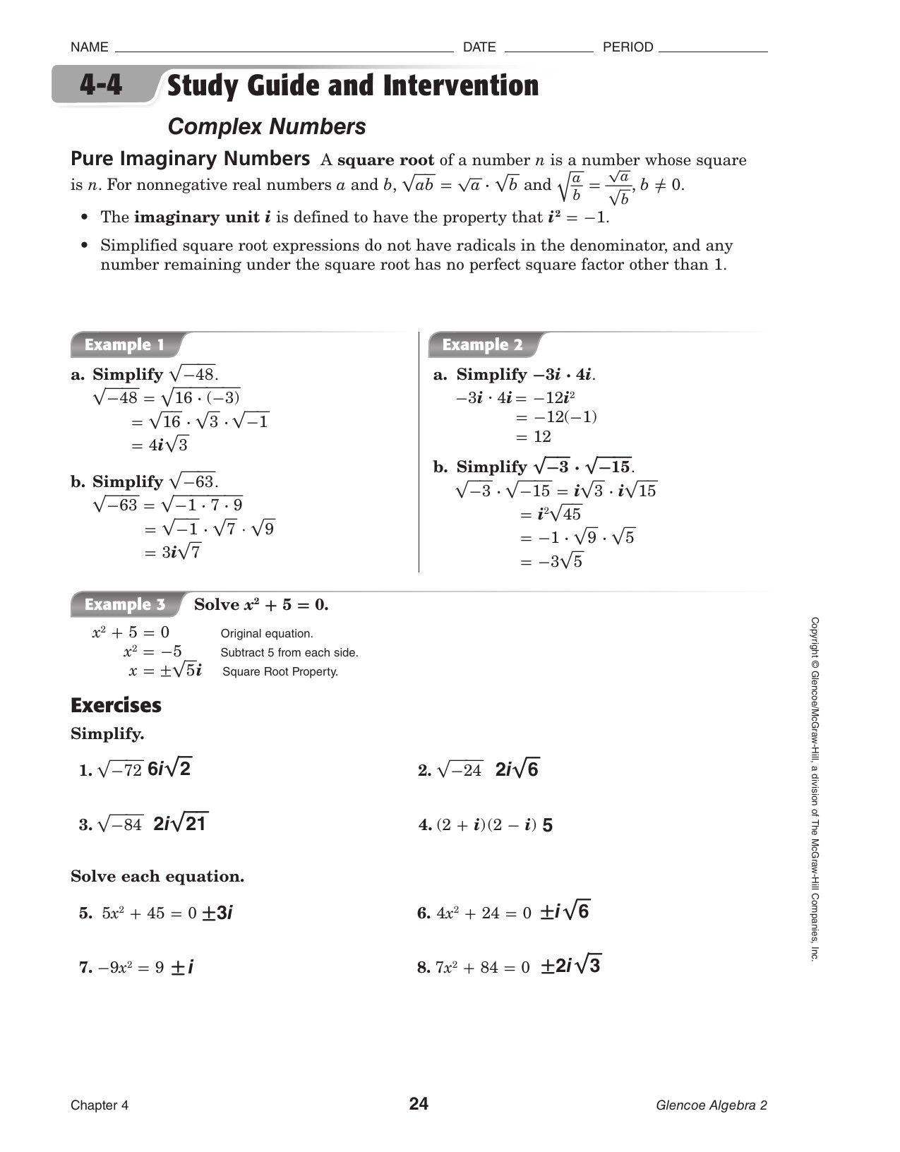 Complex Numbers Worksheet Answers