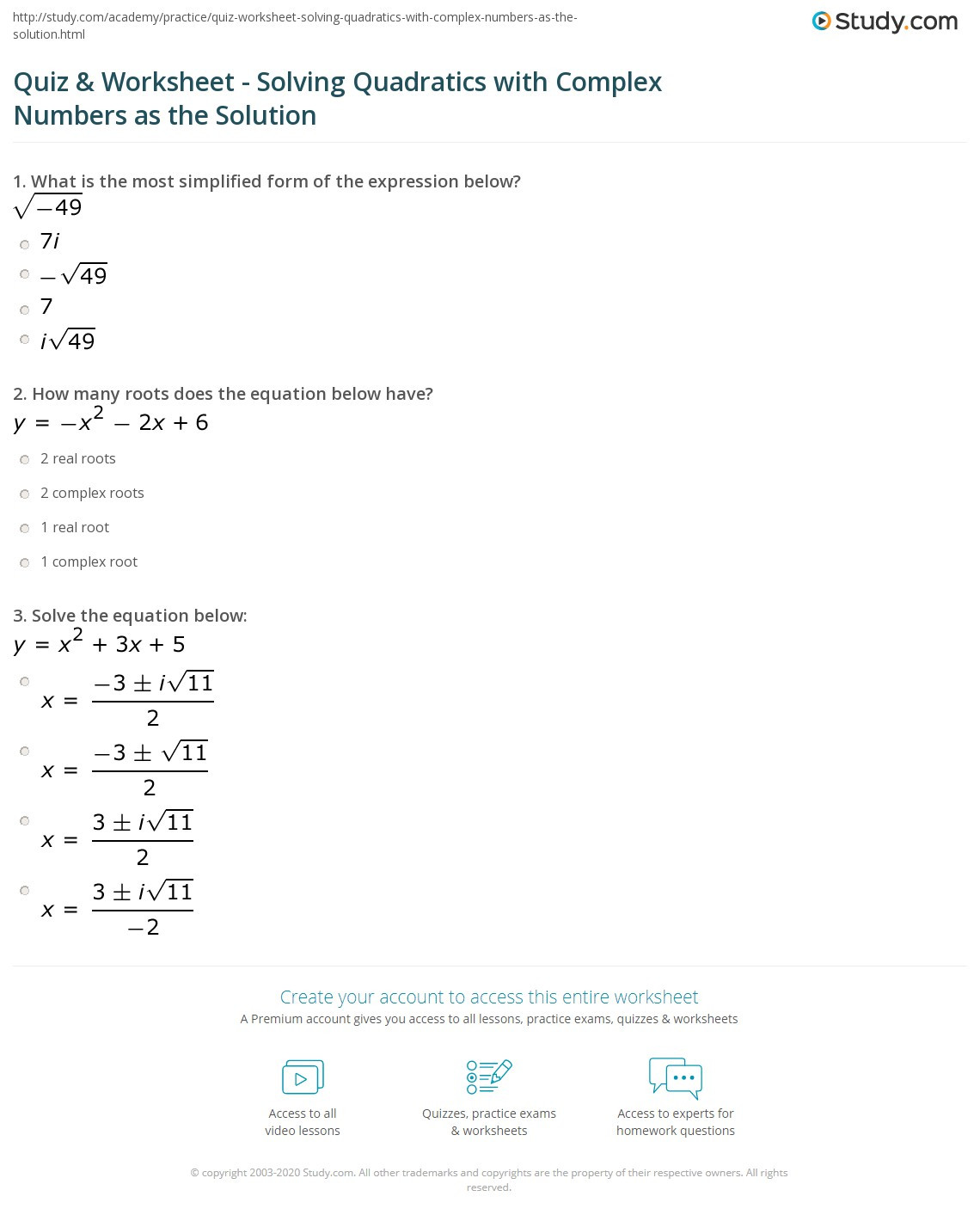 quiz worksheet solving quadratics with plex numbers as the solution