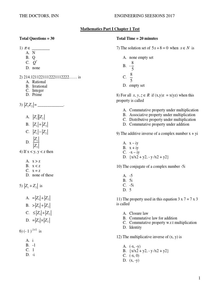 Complex Numbers Worksheet Pdf Chap 1 Math 1 Mcqs Test Pdf Plex Number