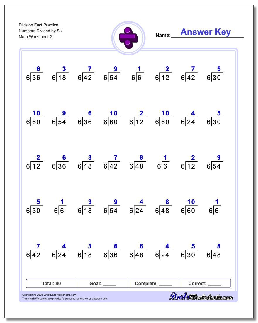 Complex Numbers Worksheet Pdf Division Worksheet Fact Practice Numbers Divided by Six