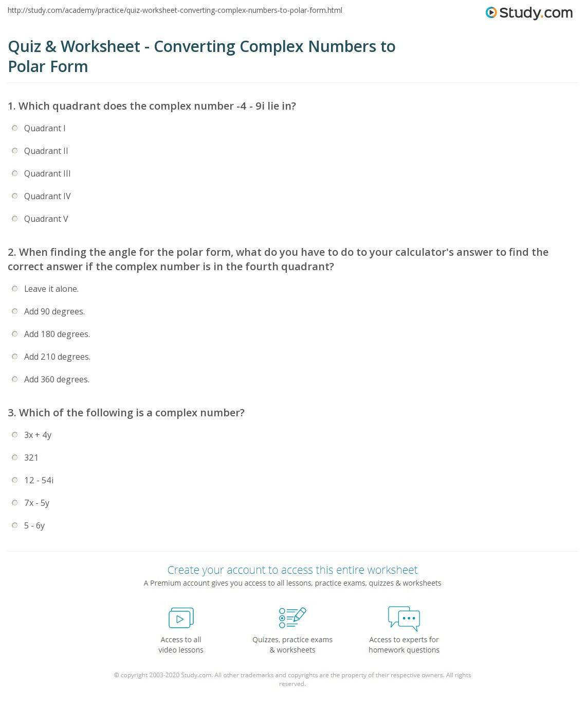 Complex Numbers Worksheet Pdf Quiz &amp; Worksheet Converting Plex Numbers to Polar form
