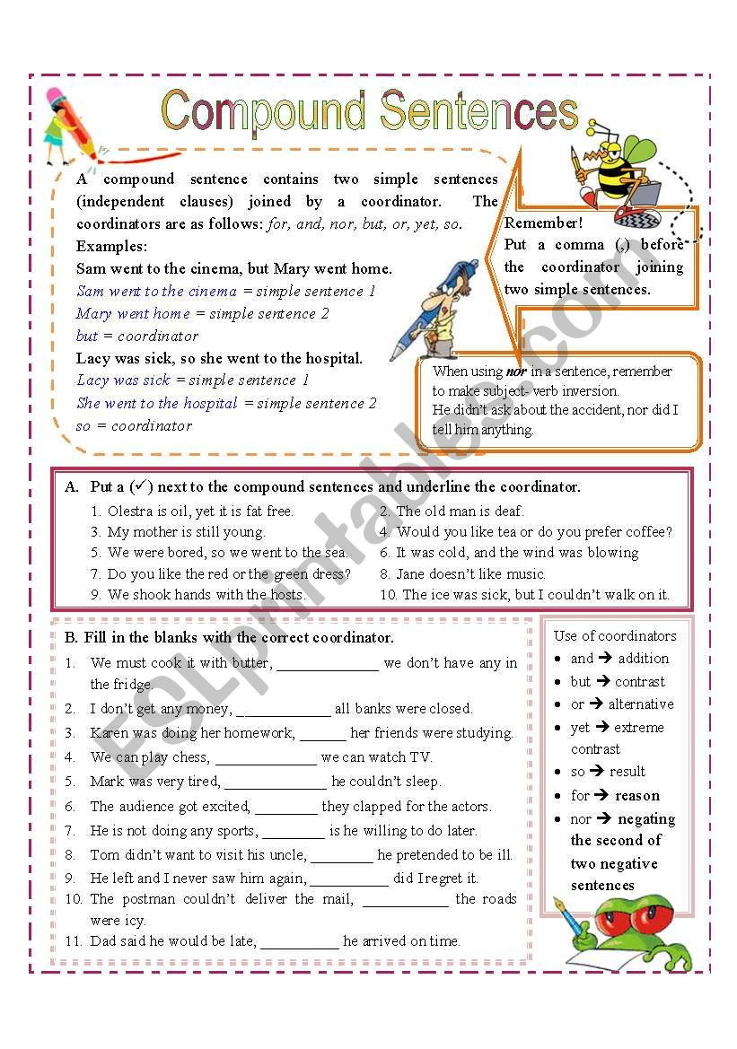 Compound Sentences Worksheet with Answers Pound Sentences &amp; Coordinators Esl Worksheet by Missola