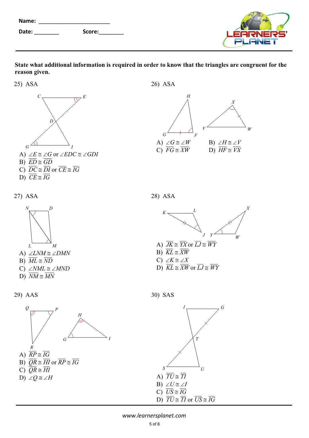 Congruent Triangles Worksheet Answers Congruent Triangles Worksheet with Answer 7th Maths
