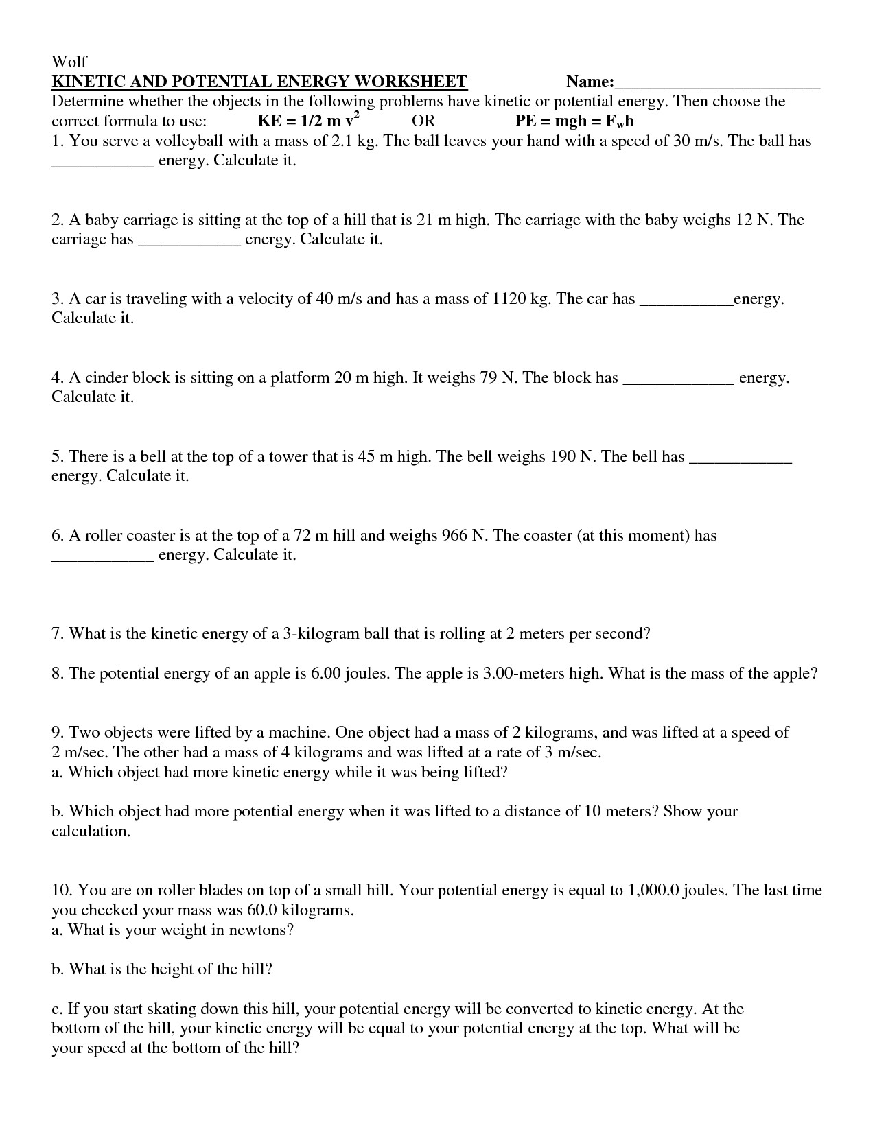 Conservation Of Energy Worksheet Answers Conservation Energy Worksheet