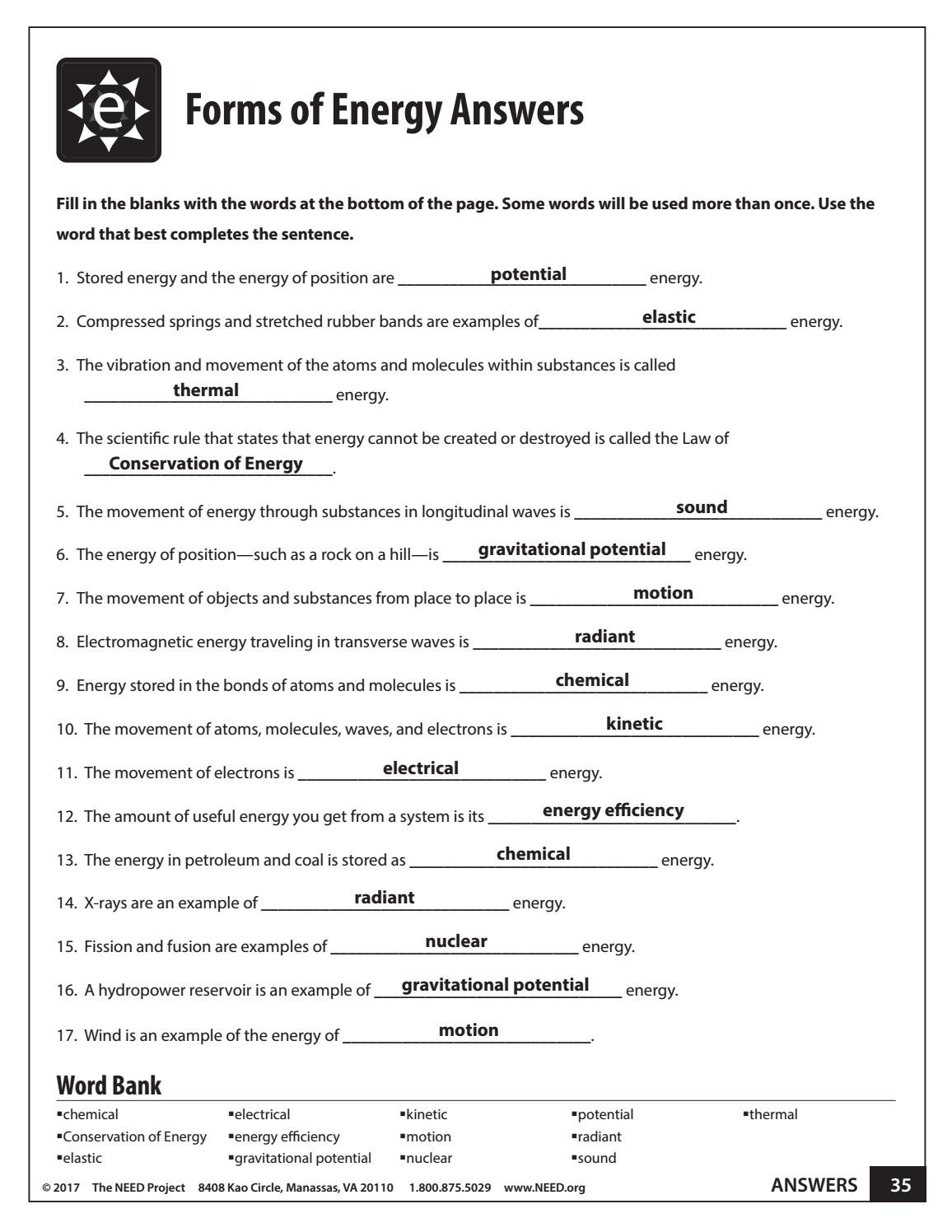 Conservation Of Energy Worksheet Answers Intermediate Energy Infobook Activities by Need Project issuu