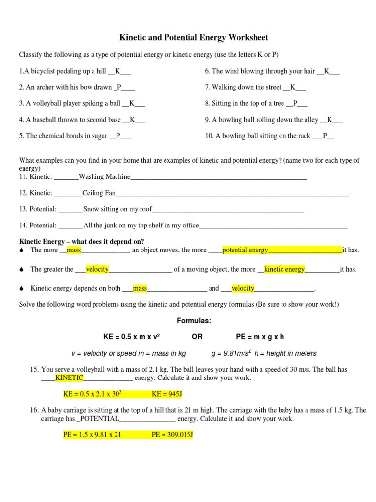 Conservation Of Energy Worksheet Answers Kinetic and Potential Energy Worksheet Answer Key
