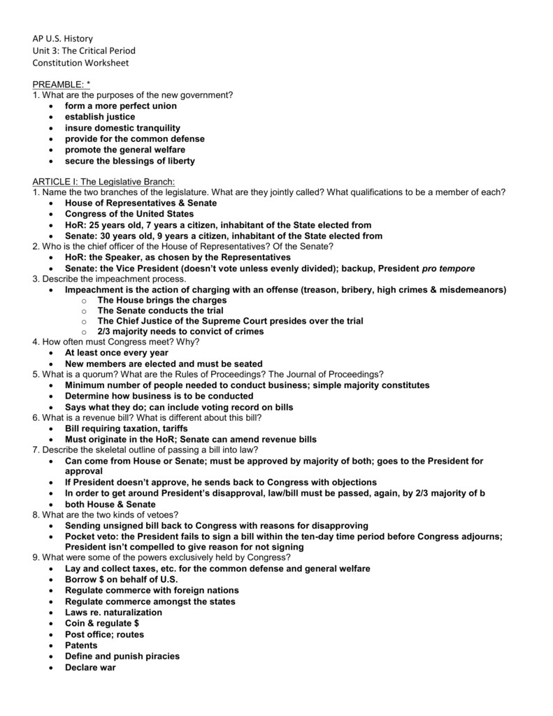 Constitutional Principles Worksheet Answers Fresh the Constitution Worksheet
