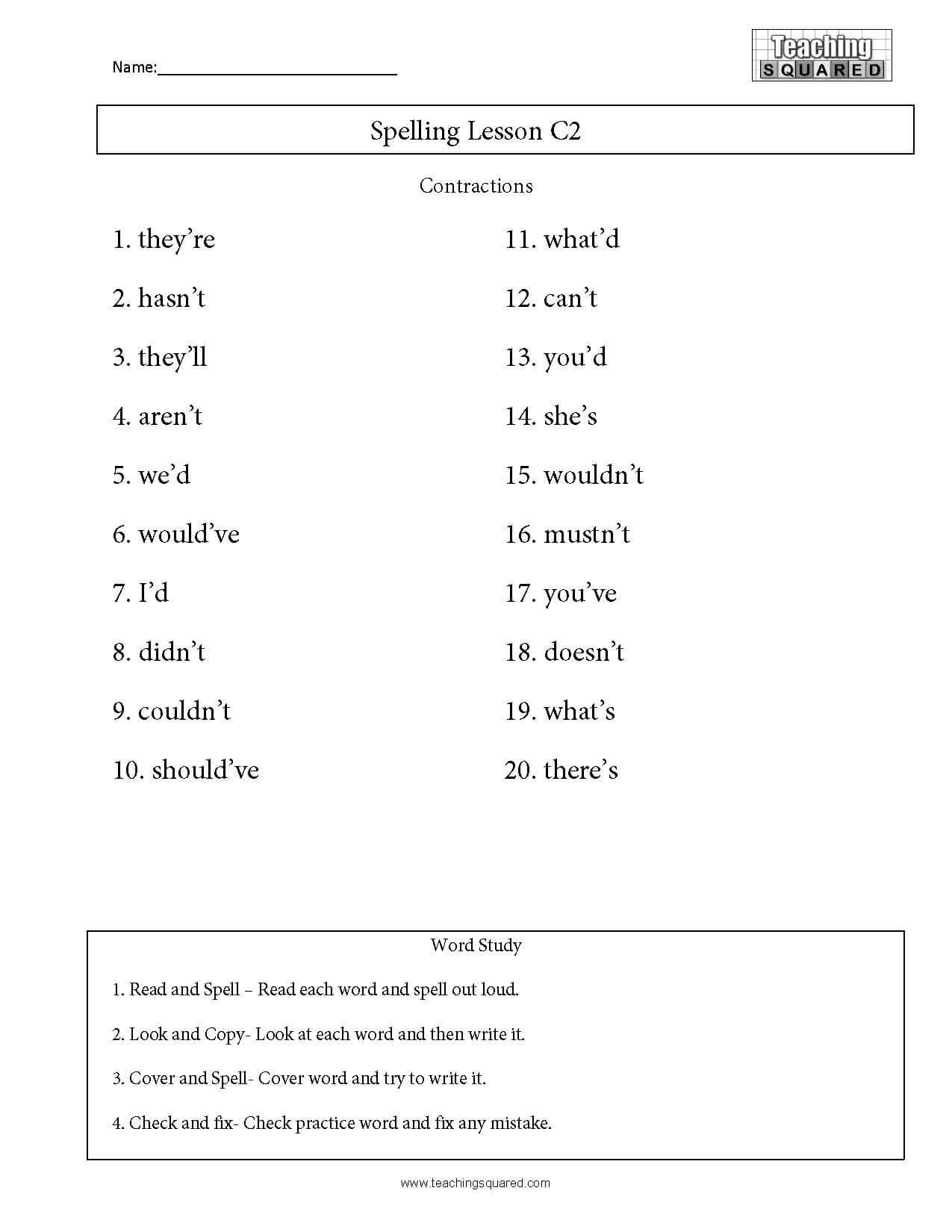 Contractions Worksheet 3rd Grade Spelling List C15 Contractions Teaching Squared