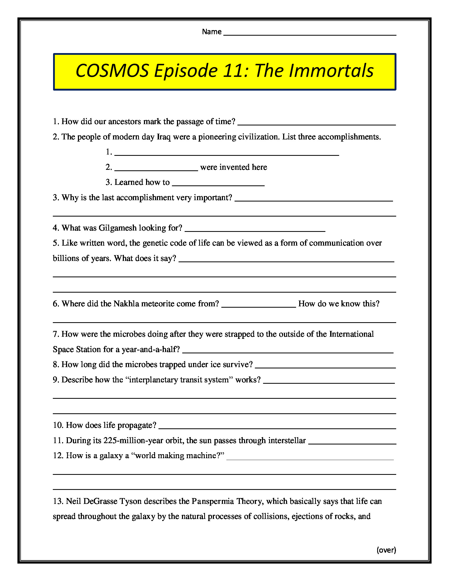 Cosmos Episode 1 Worksheet Answers Cosmos Episode 11 the Immortals Worksheet 2014