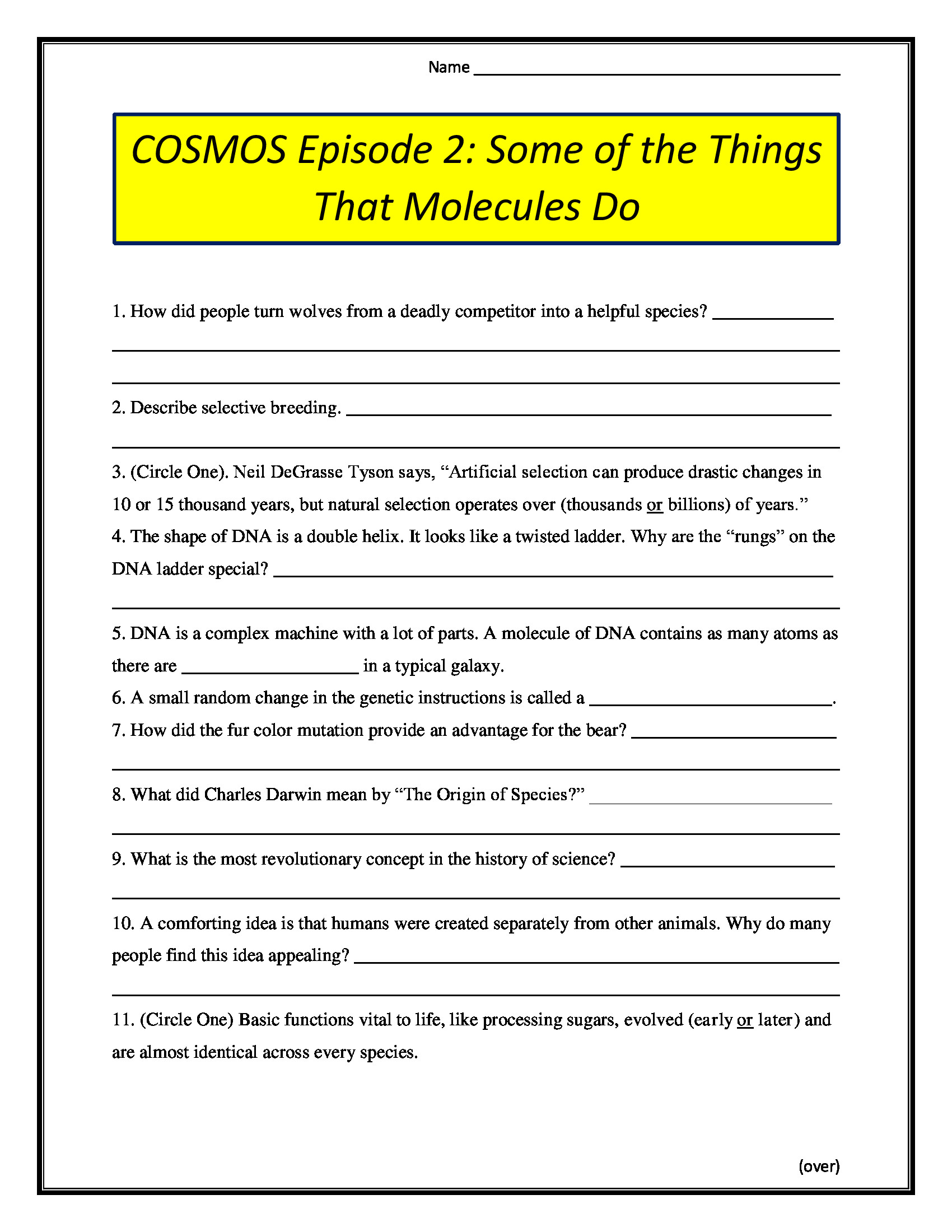 Cosmos Episode 1 Worksheet Answers Cosmos Episode 2 some Of the Things that Molecules Do Worksheet 2014