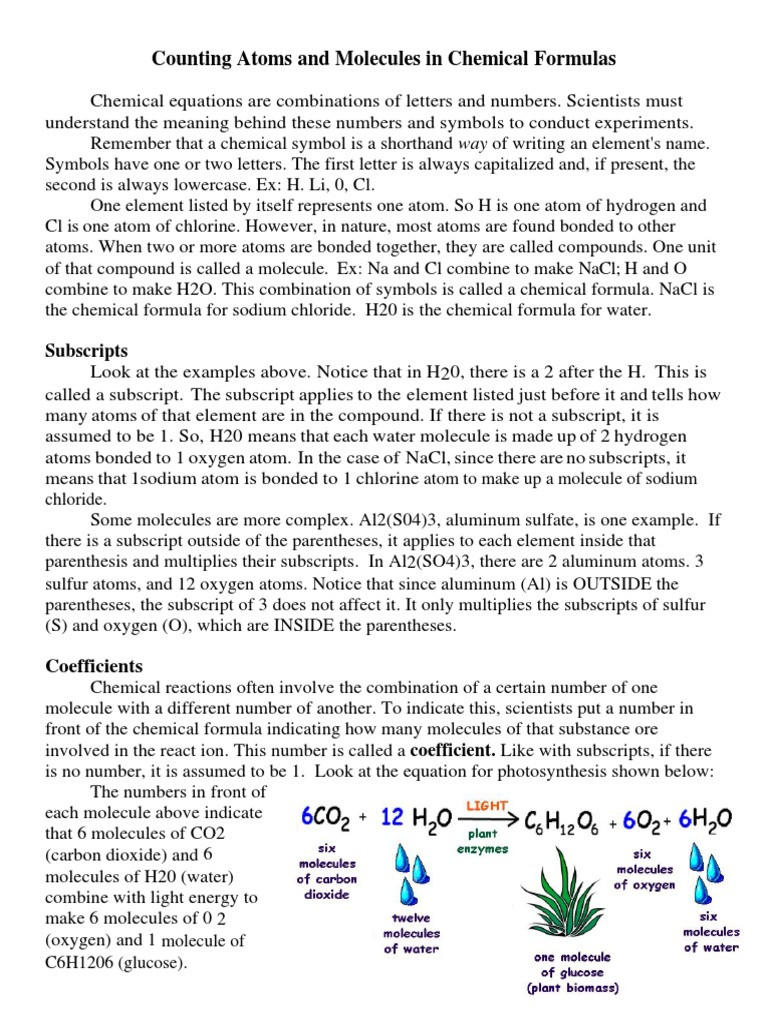 Counting atoms Worksheet Answers Counting atoms and Molecules In Chemical formulas Worksheet