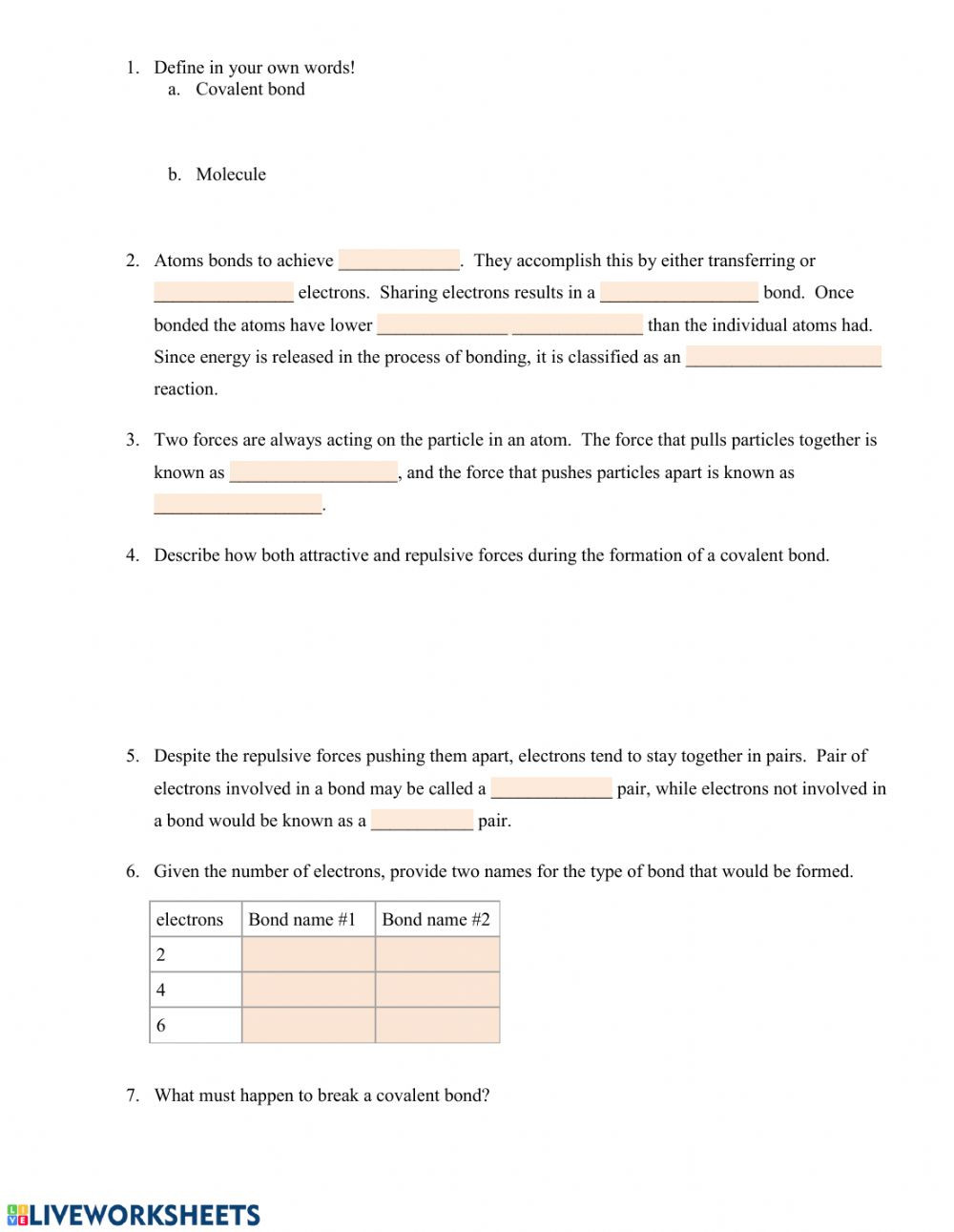 Covalent Bonding Worksheet Answer Key Covalent Bond Basics Interactive Worksheet