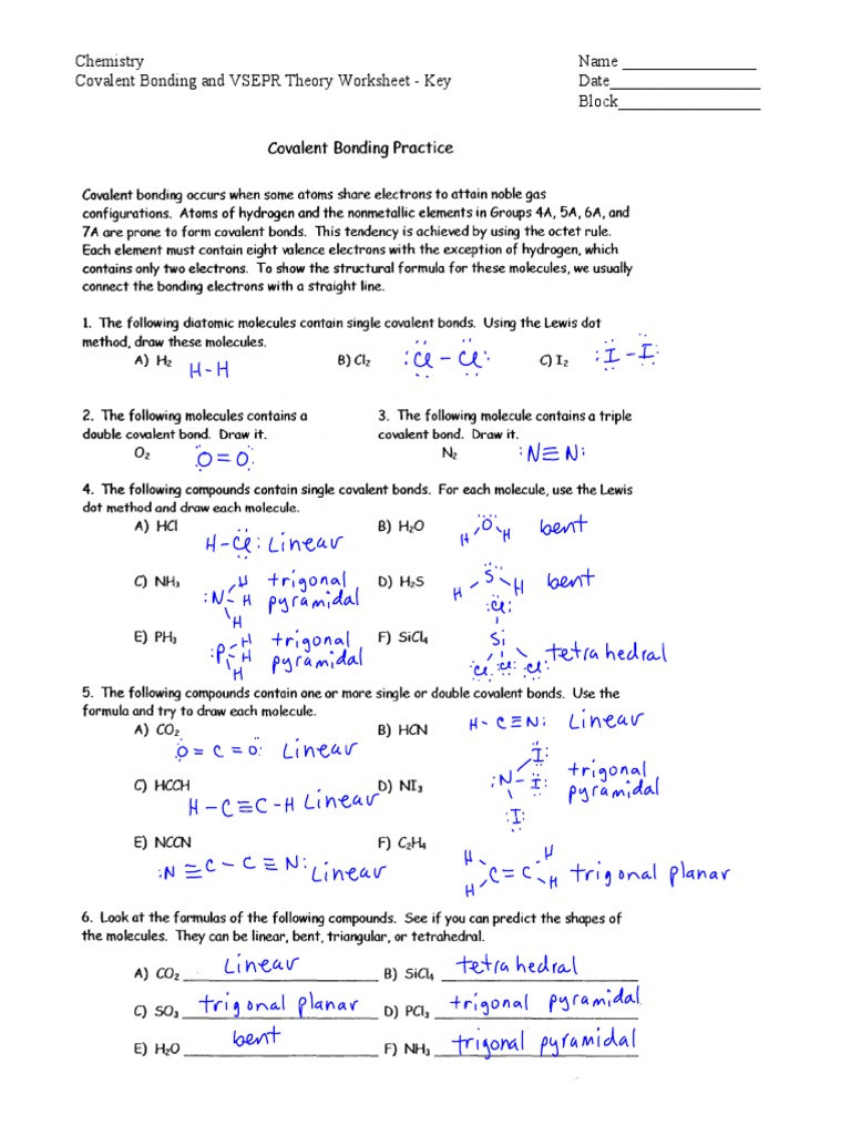 Covalent Bonding Worksheet Answer Key Covalent Bonding and Vsepr theory Worksheet