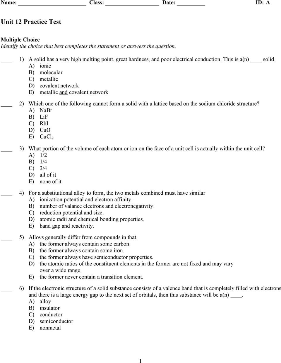 Covalent Bonding Worksheet Answer Key Unit 12 Practice Test Pdf Free Download