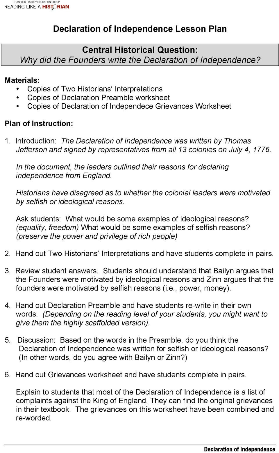 Declaration Of Independence Worksheet Answers Declaration Of Independence Lesson Plan Central Historical