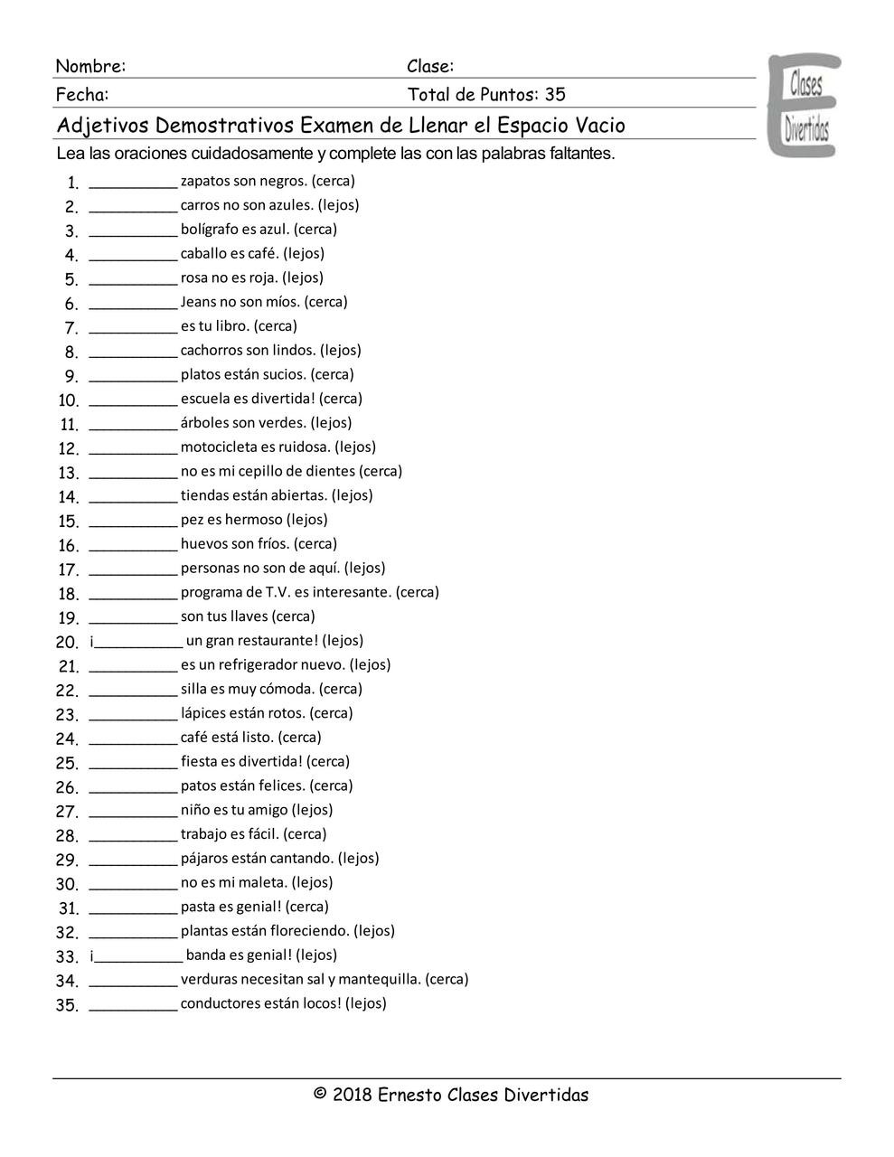 Demonstrative Adjectives Spanish Worksheet Demonstrative Adjectives Spanish Fill In the Blanks Exam with Ak &amp; as
