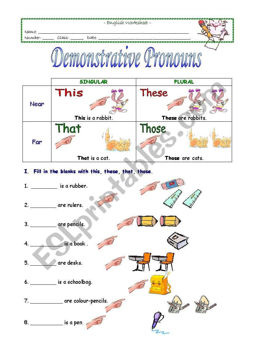 Demonstrative Adjectives Spanish Worksheet Demonstrative Pronouns Esl Worksheet by Sivsc