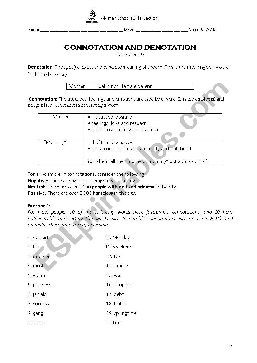 Denotation and Connotation Worksheet Connotation and Denotation Esl Worksheet by Hinaamoodi