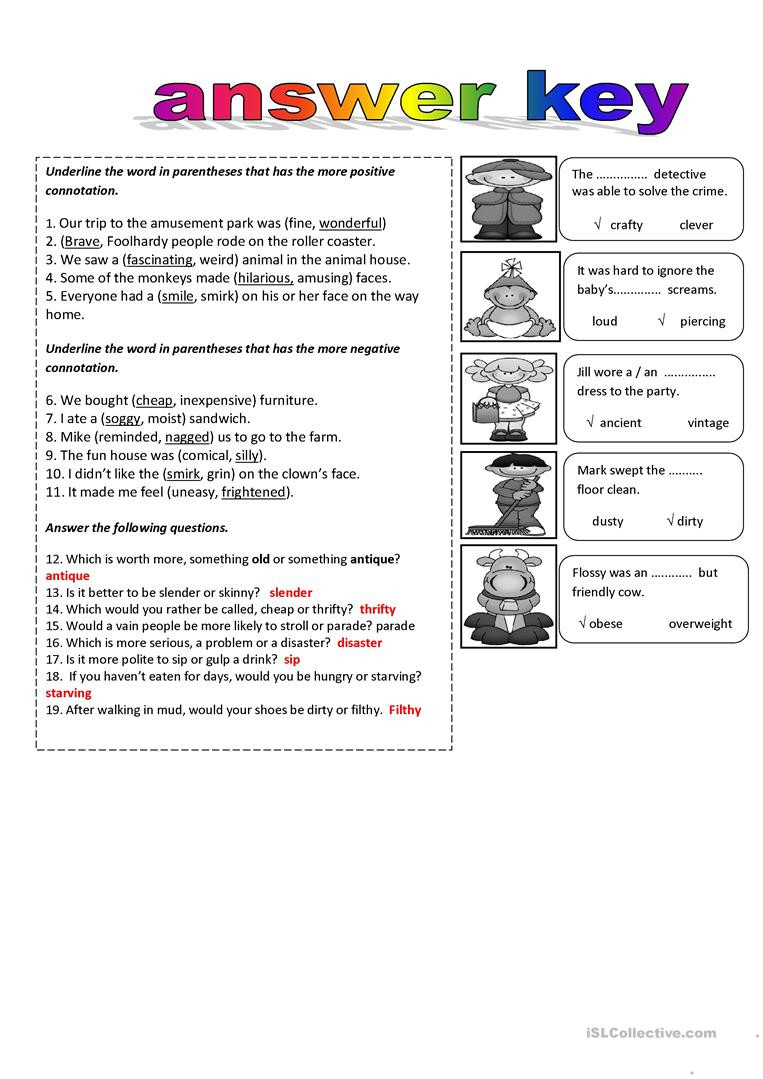 Denotation and Connotation Worksheet Connotations and Denotation English Esl Worksheets for