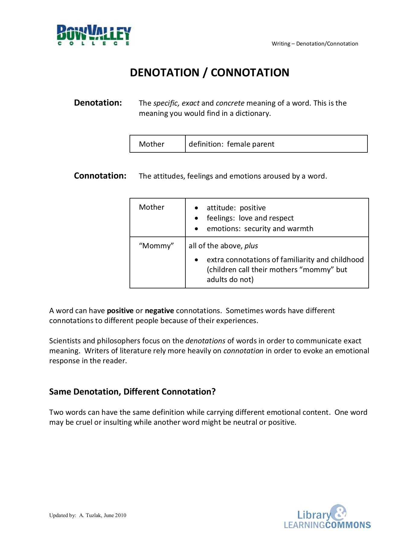 Denotation and Connotation Worksheet Denotation and Connotation Bow Valley College Pages 1 6