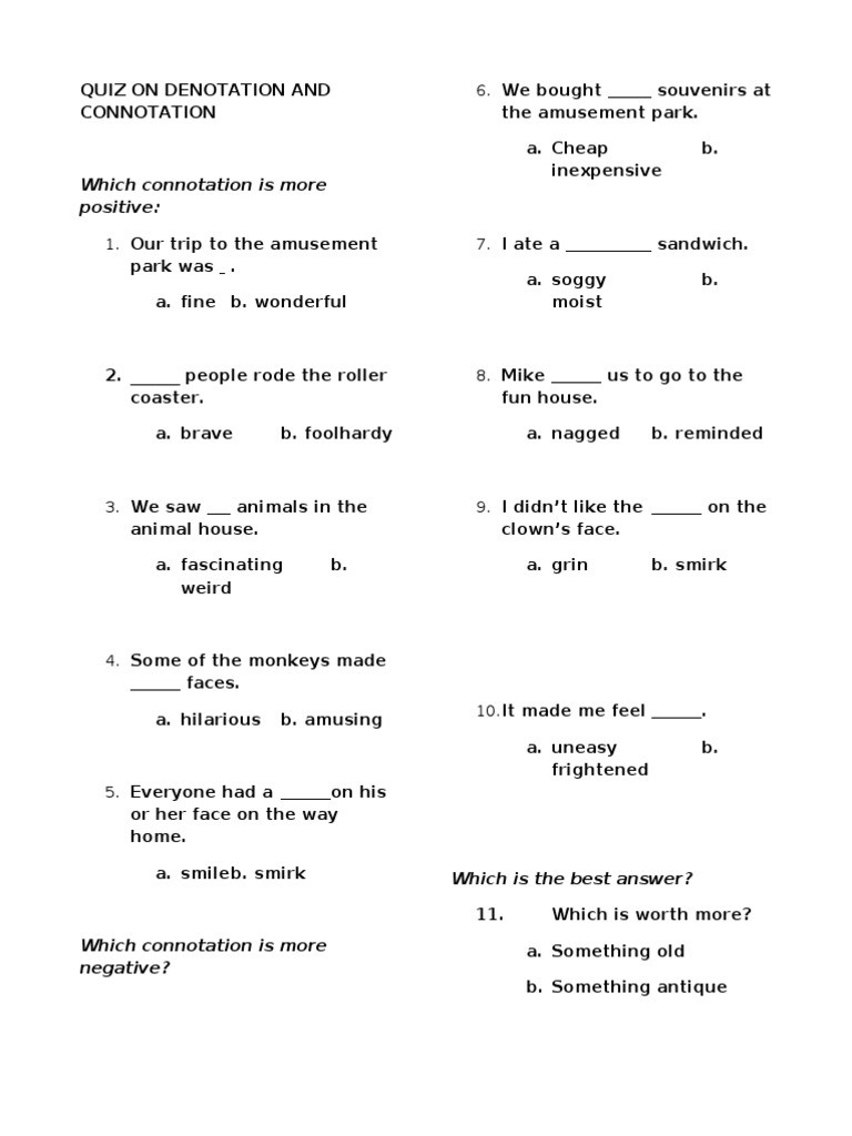 Denotation and Connotation Worksheet Quiz On Denotation and Connotation