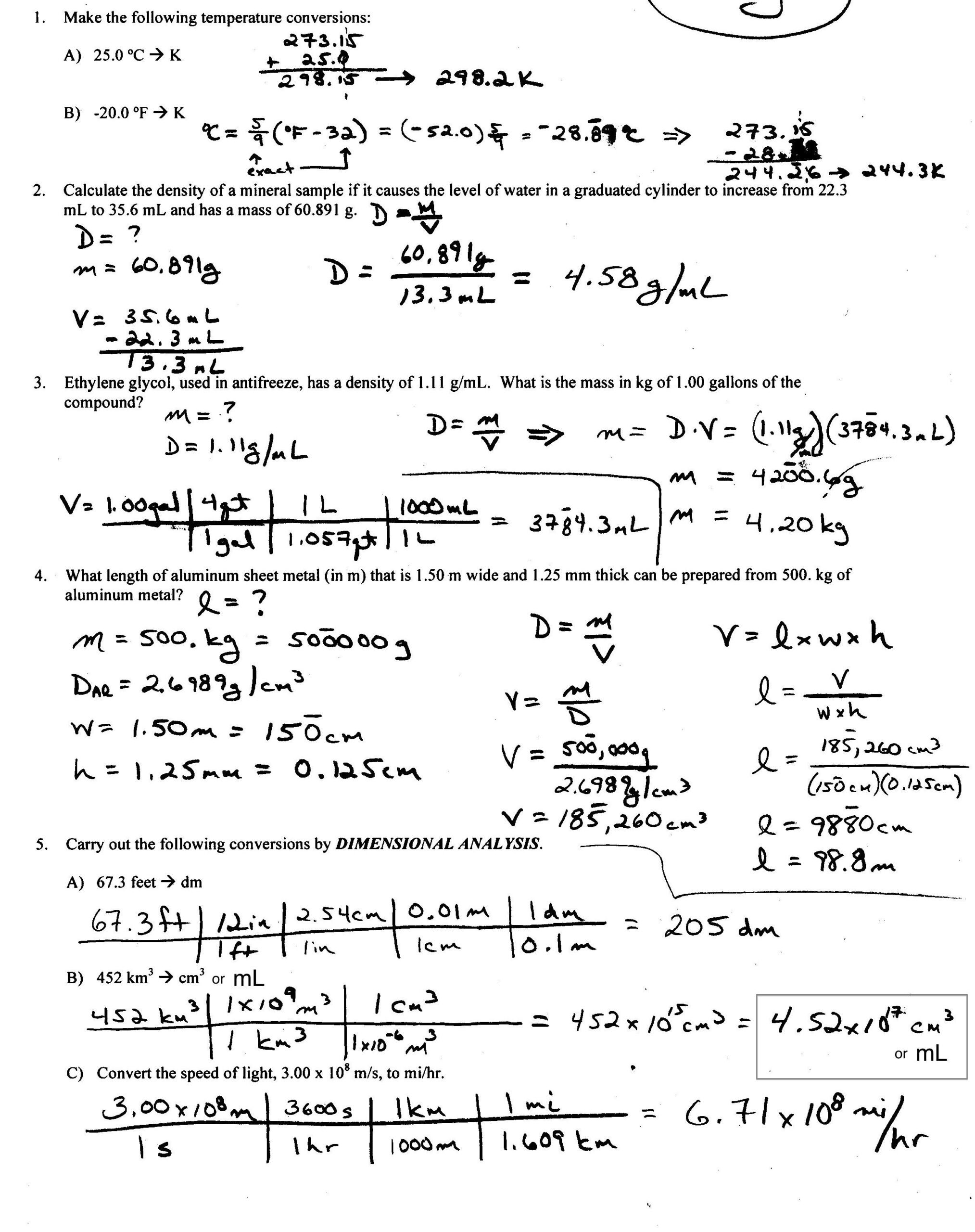 Calculate Density Worksheet