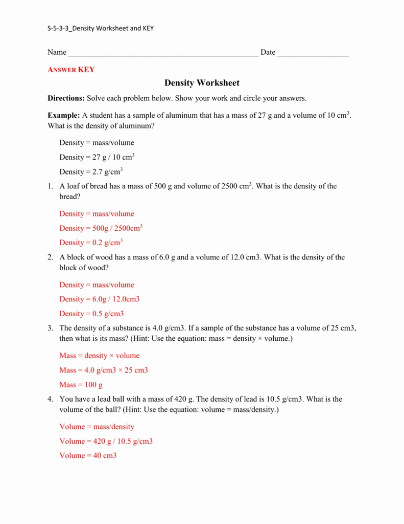 Density Calculations Worksheet Answers 35 Science 8 Density Calculations Worksheet Answers Key
