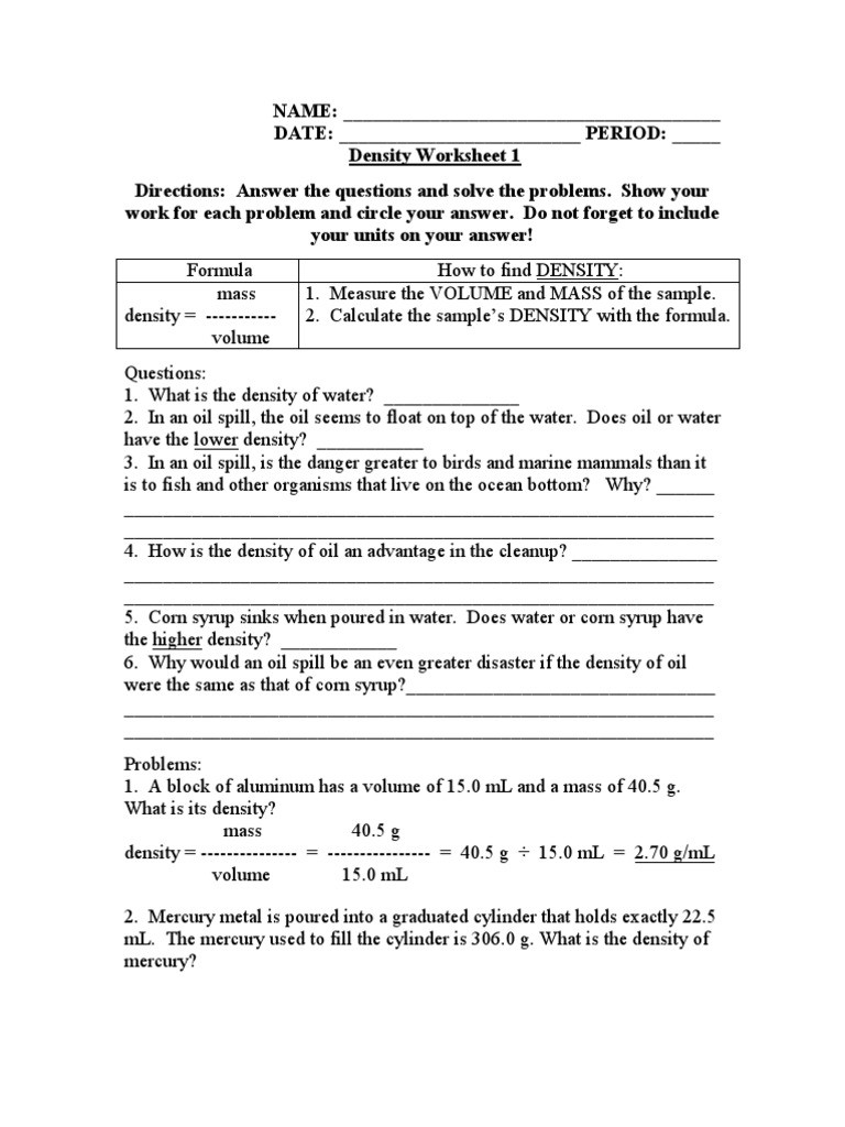 Density Calculations Worksheet Answers Density Litre