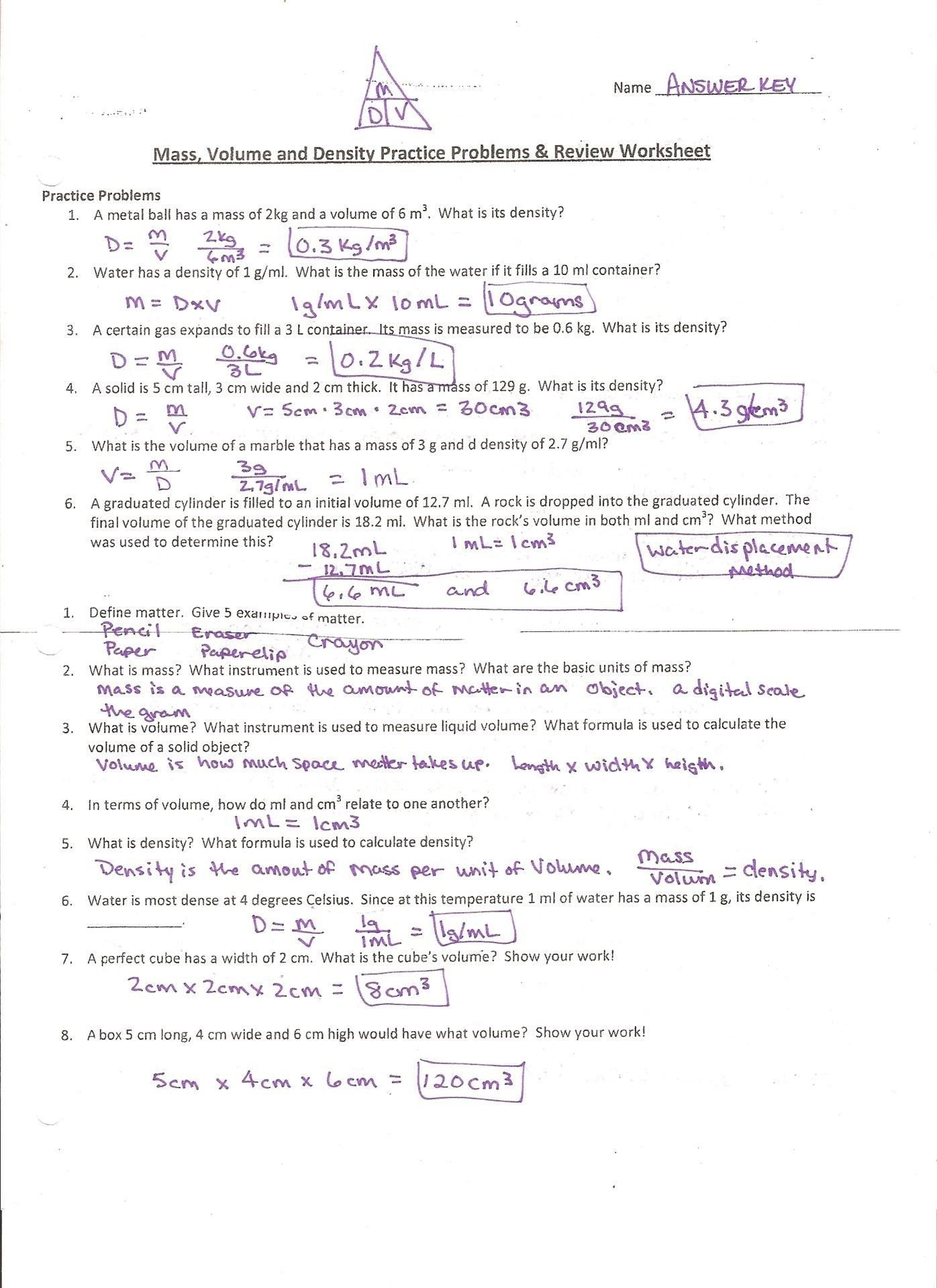 Density Calculations Worksheet Answers Mass Volume Density Worksheet Answers Nidecmege
