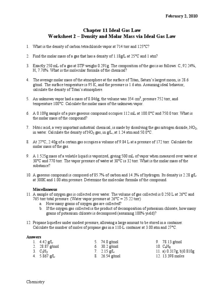 Density Calculations Worksheet Answers Worksheet Ideal Gas Law Gas Density and Molar Mass with