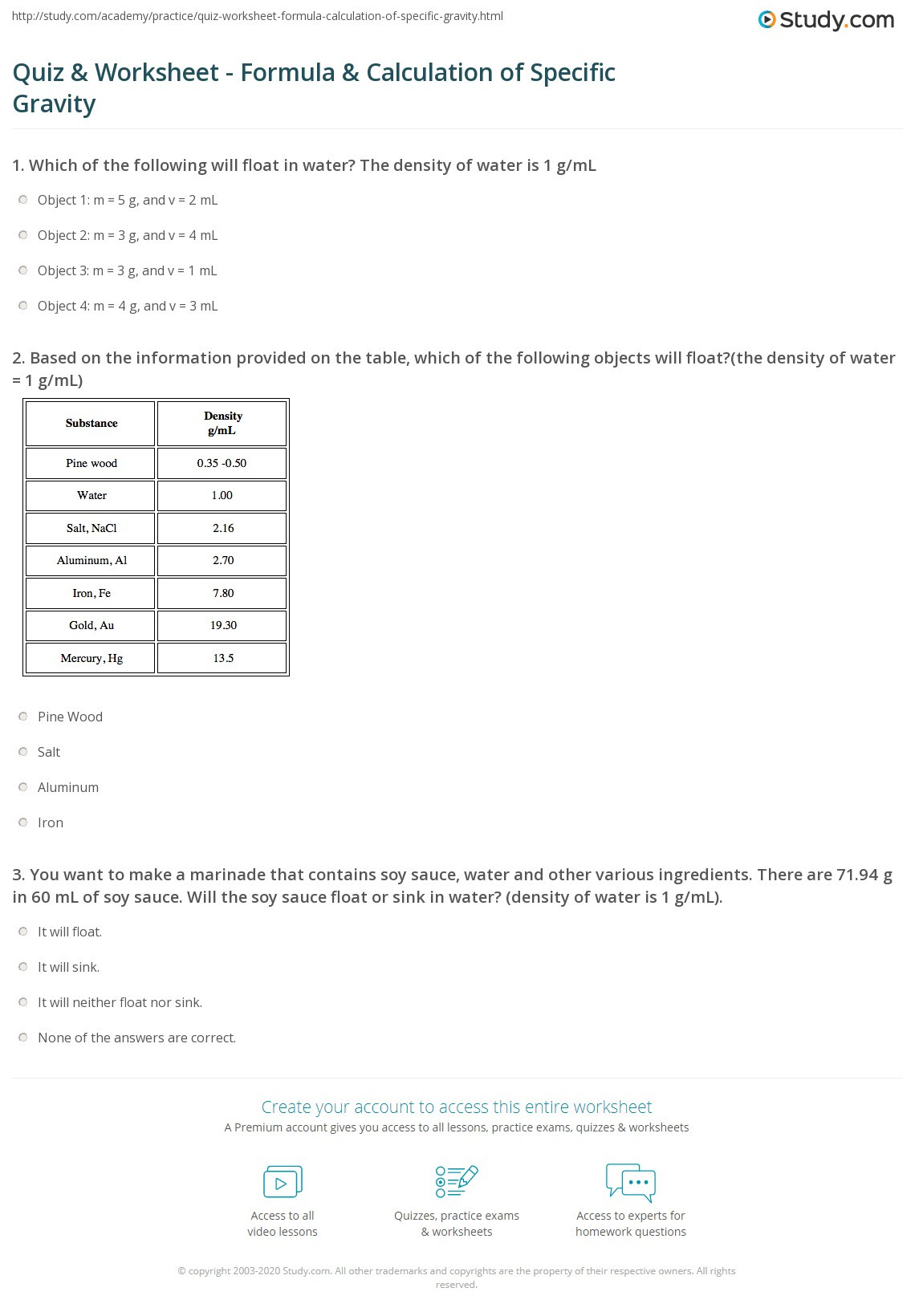Density Practice Problem Worksheet Quiz &amp; Worksheet formula &amp; Calculation Of Specific Gravity
