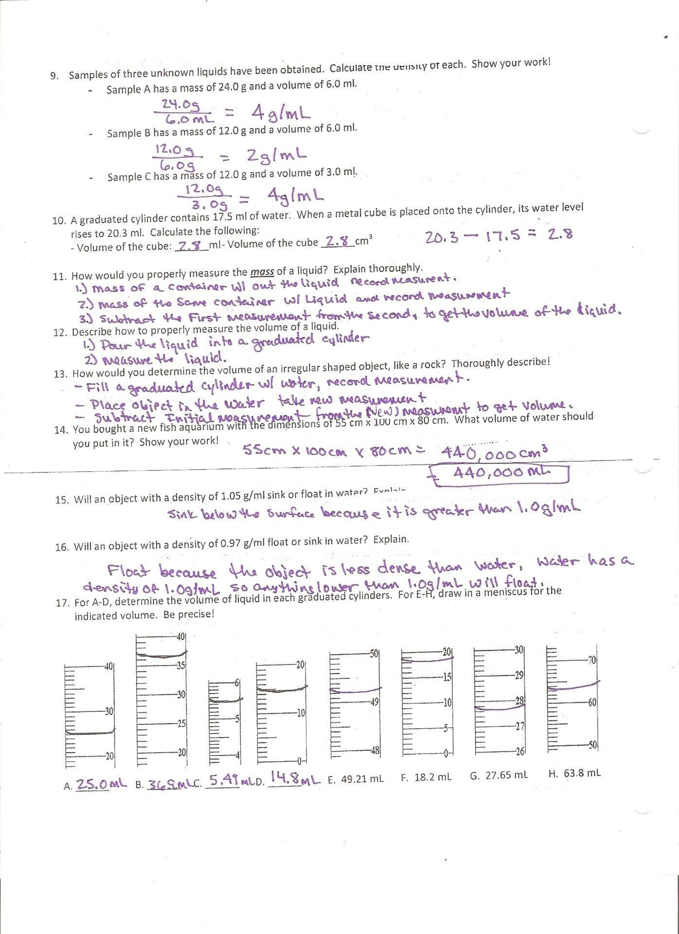 Density Worksheet Middle School Chemistry Unit 1 Worksheet 3 Answers Mass Volume and Density