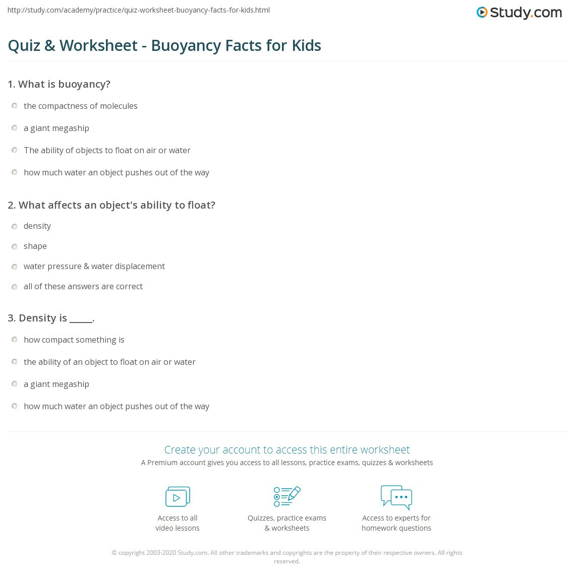 Density Worksheet Middle School Quiz &amp; Worksheet Buoyancy Facts for Kids