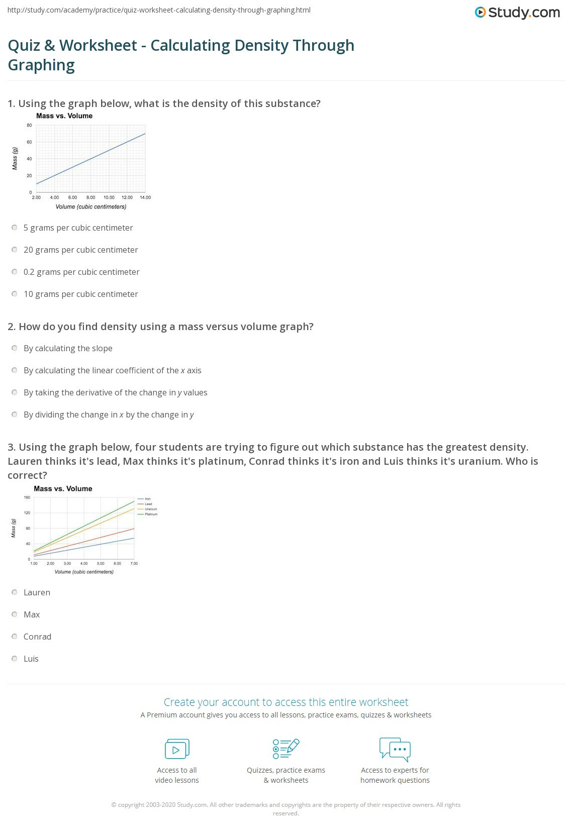 Density Worksheet Middle School Quiz &amp; Worksheet Calculating Density Through Graphing
