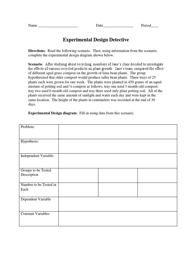 Designing An Experiment Worksheet Experimental Design Detective and Variables Practice
