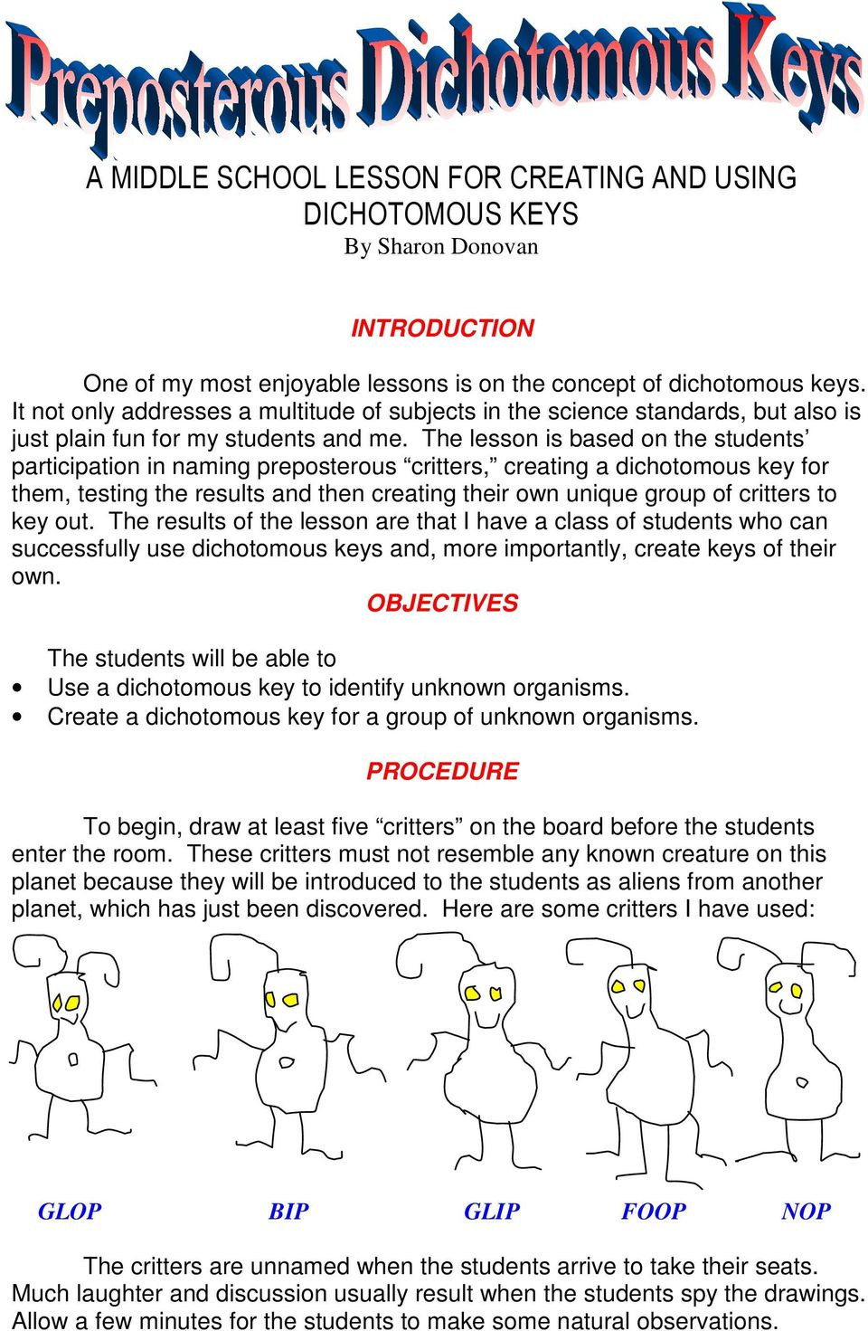 Dichotomous Key Worksheet Middle School A Middle School Lesson for Creating and Using Dichotomous