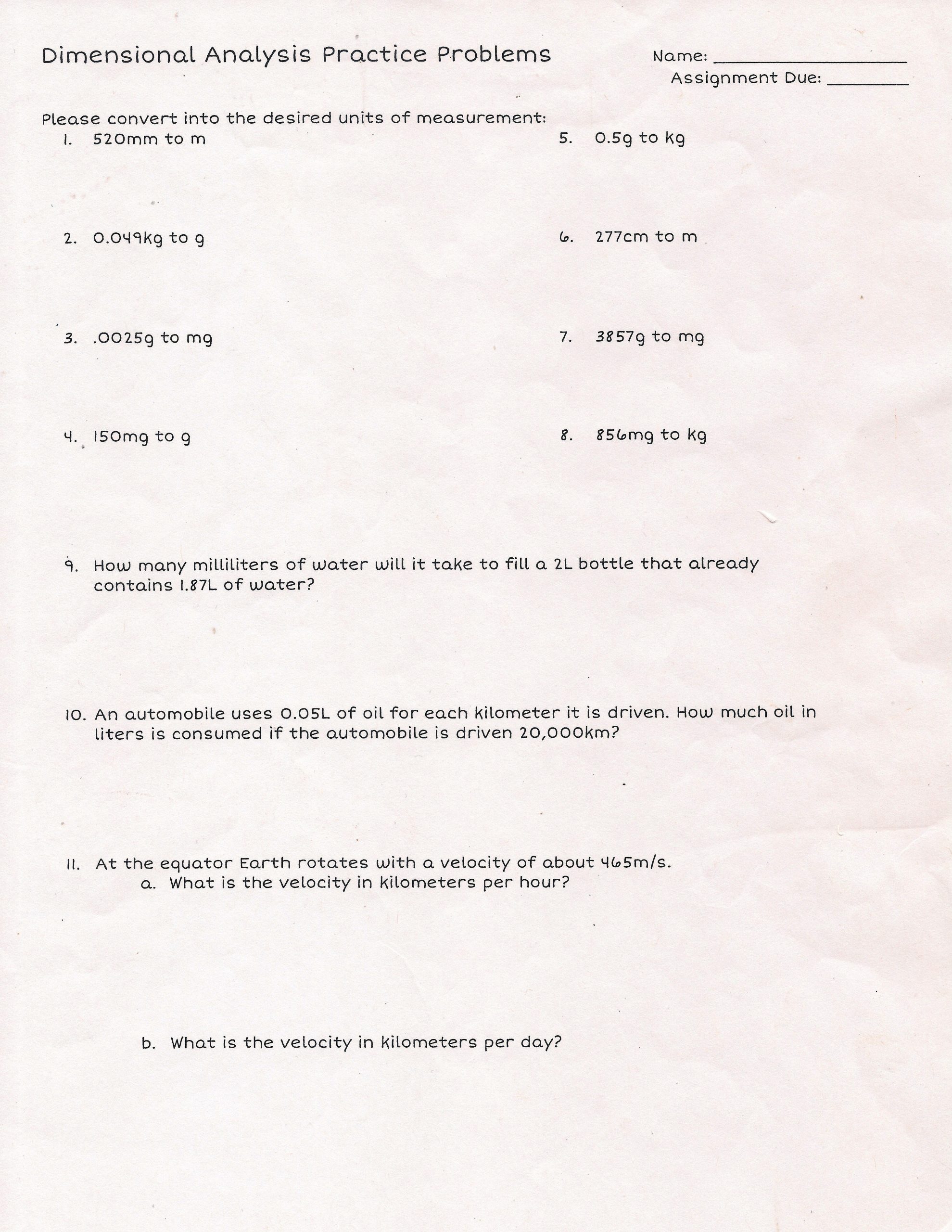 Dimensional Analysis Practice Worksheet Chemistry Q3 Physical Science Leilehua